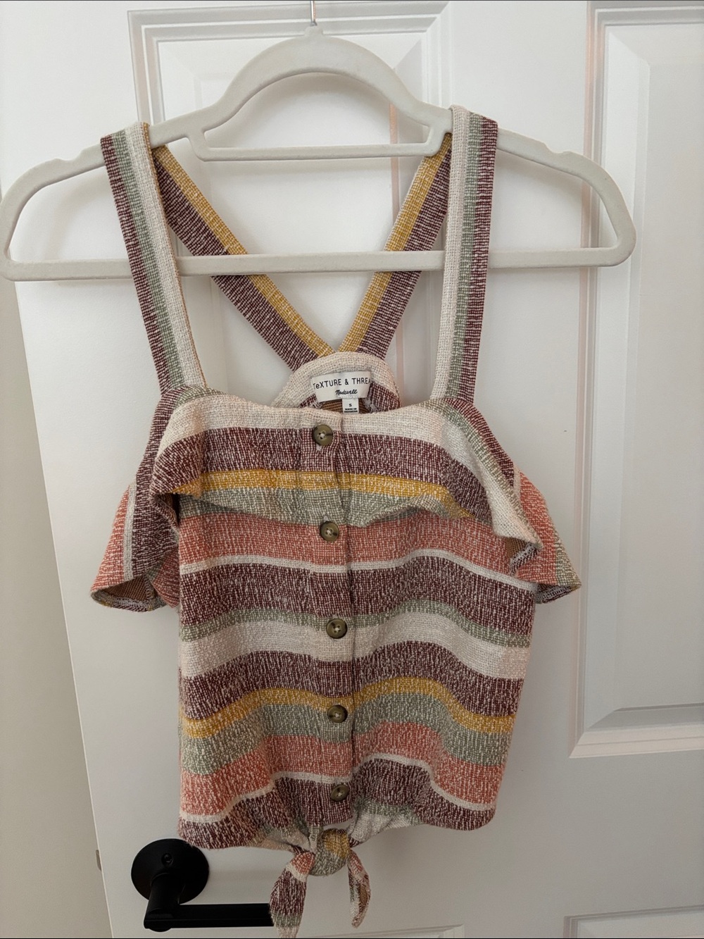 Madewell Multistripe Tie-Front Ruffle Tank in Cream, Rust & Mustard